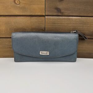Fossil Blue Leather Checkbook Holder Wallet Trifold Card Snap